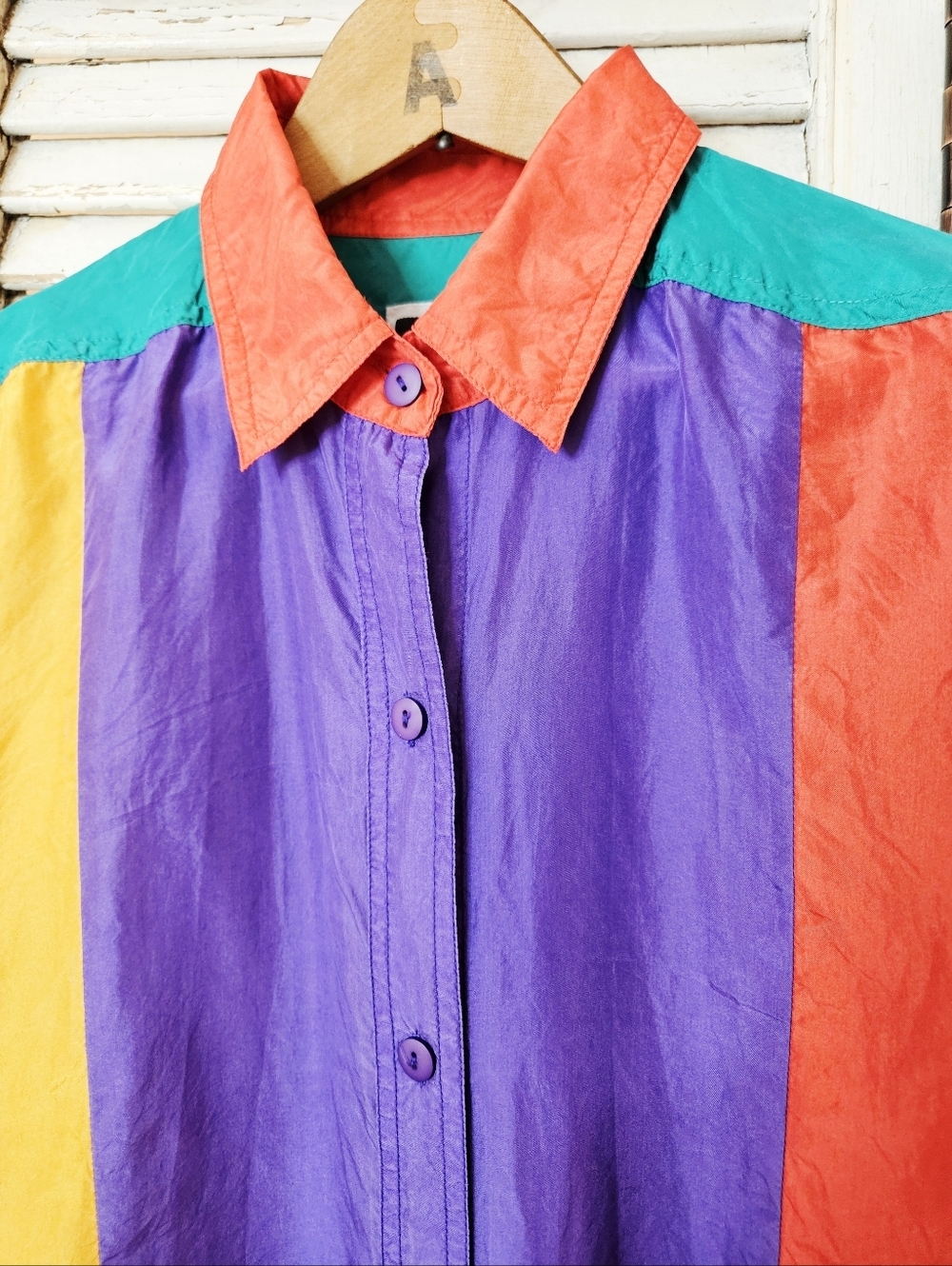 Vintage 90s 100% Silk Colourblock Blouse Red, Purple, Yellow Small *flaws* - Picture 3 of 16